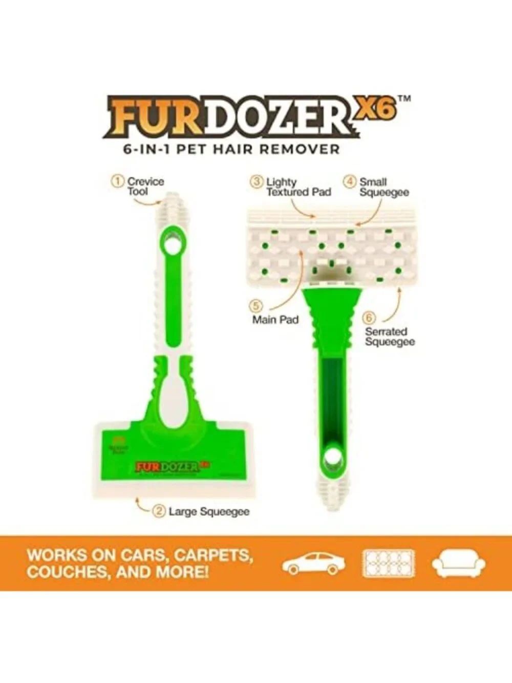Pet Hair Remover Tool for Carpets, Couches & Car Interiors - Effective Fur